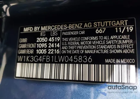 2020 Mercedes-Benz A 220 4Matic z USA, uszkodzony, nr VIN W1K3G4FB1LW045836